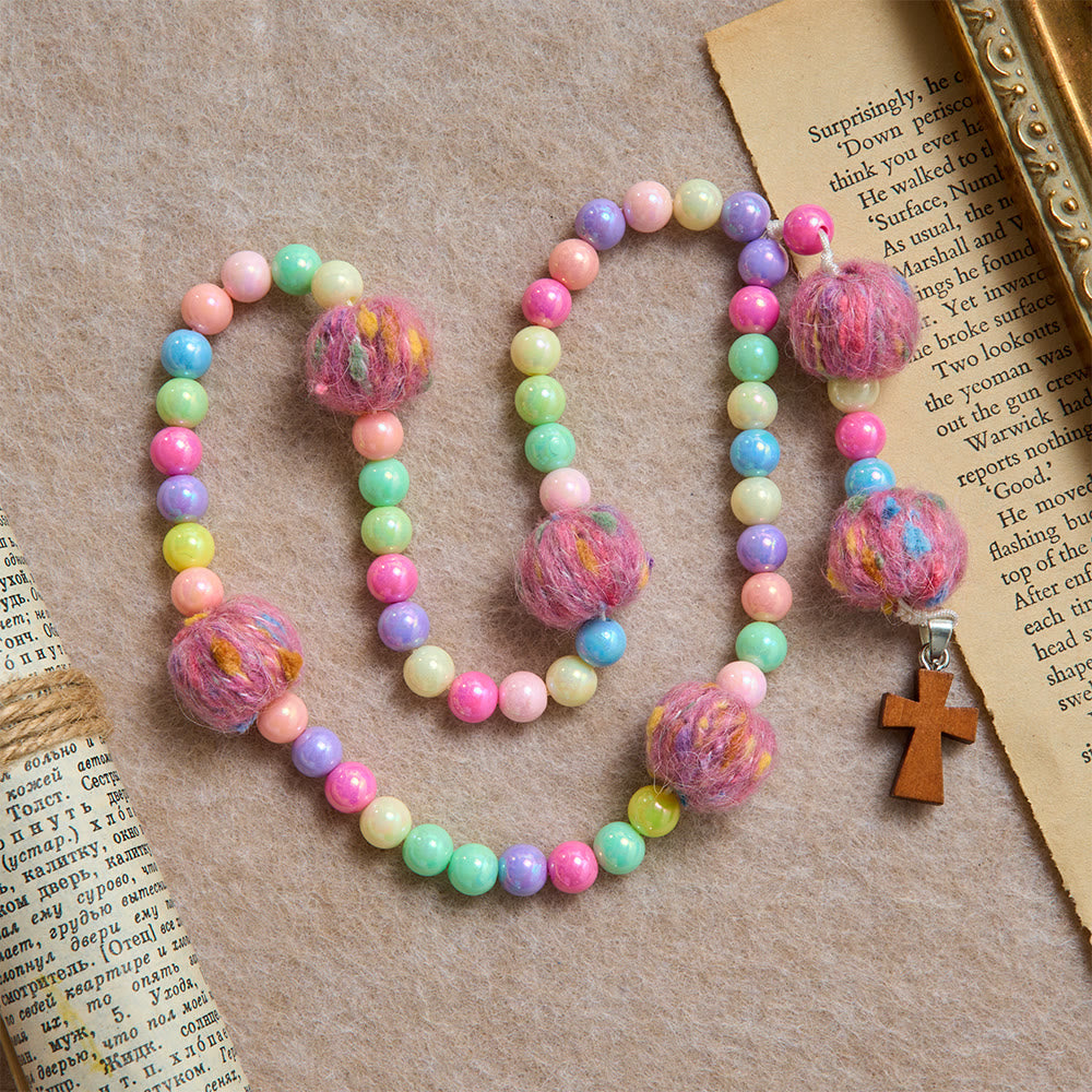 Fluffy Pom-Pom Macaron Bead Kids Rosary With Wooden Cross: Emblem of Innocent Heavenly Kindness