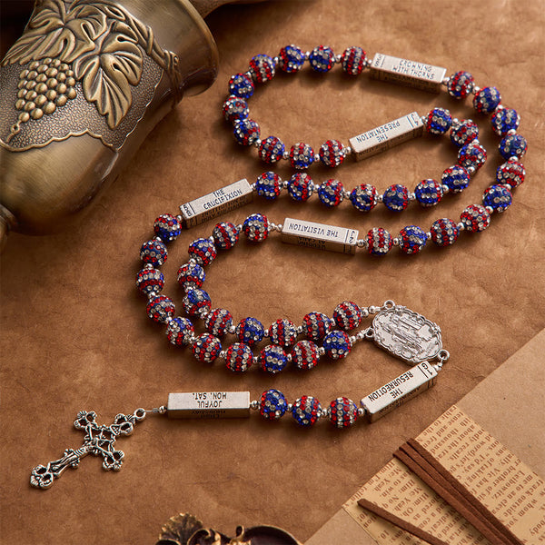 American Flag-Tone Rhinestone Scripture Bar Rosary With Antique Crucifix: Emblem of Faithful Heavenly Allegiance