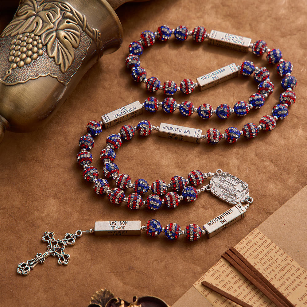 American Flag-Tone Rhinestone Scripture Bar Rosary With Antique Crucifix: Emblem of Faithful Heavenly Allegiance