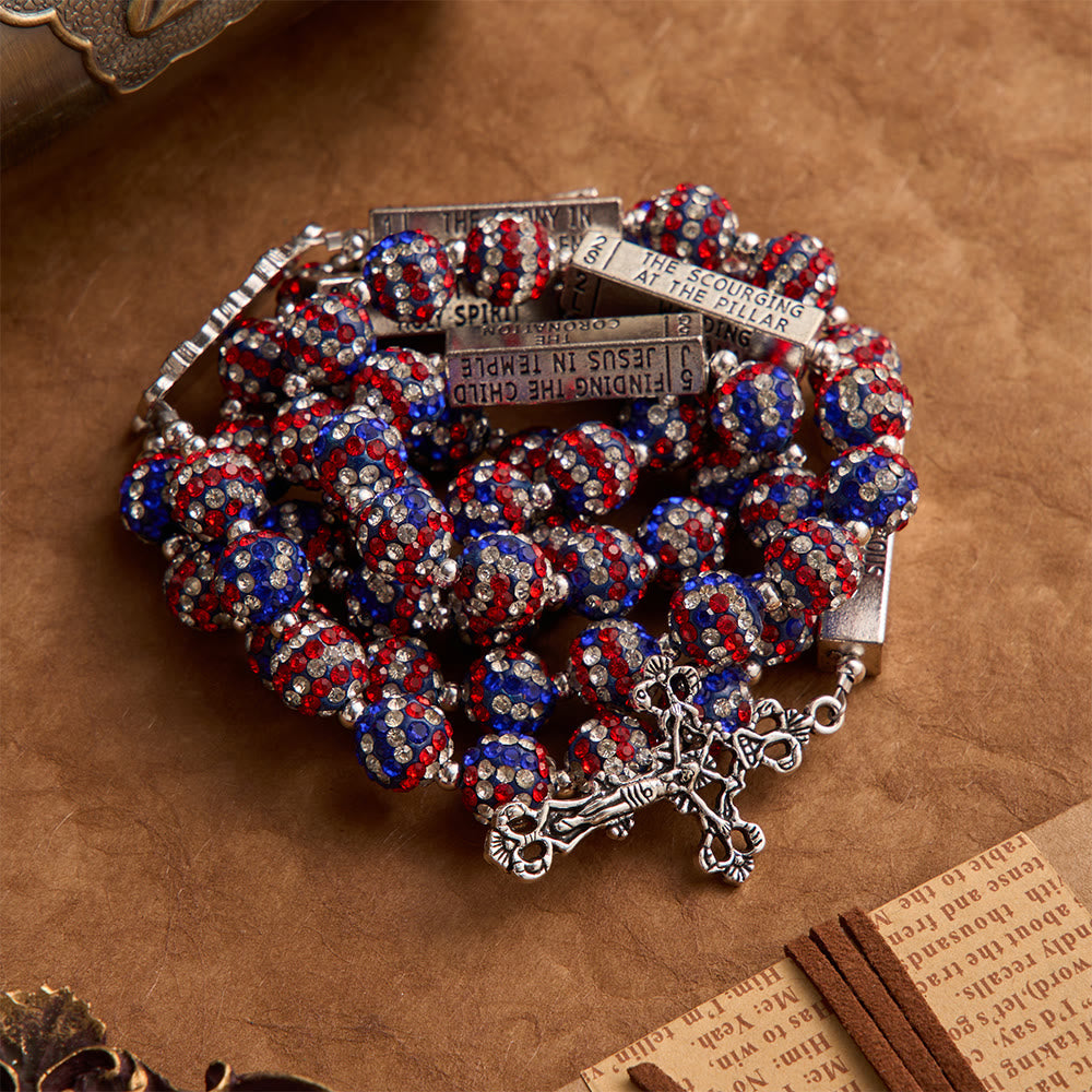 American Flag-Tone Rhinestone Scripture Bar Rosary With Antique Crucifix: Emblem of Faithful Heavenly Allegiance