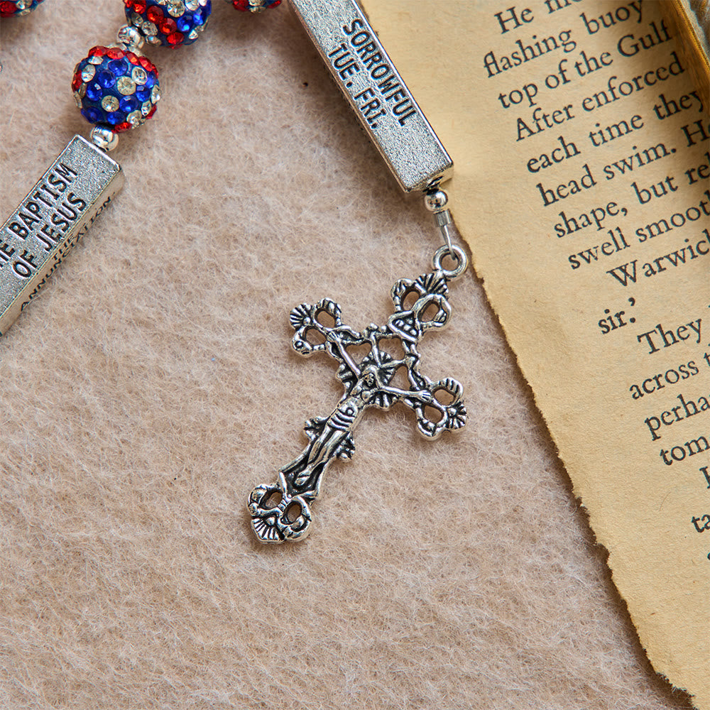 American Flag-Tone Rhinestone Scripture Bar Rosary With Antique Crucifix: Emblem of Faithful Heavenly Allegiance