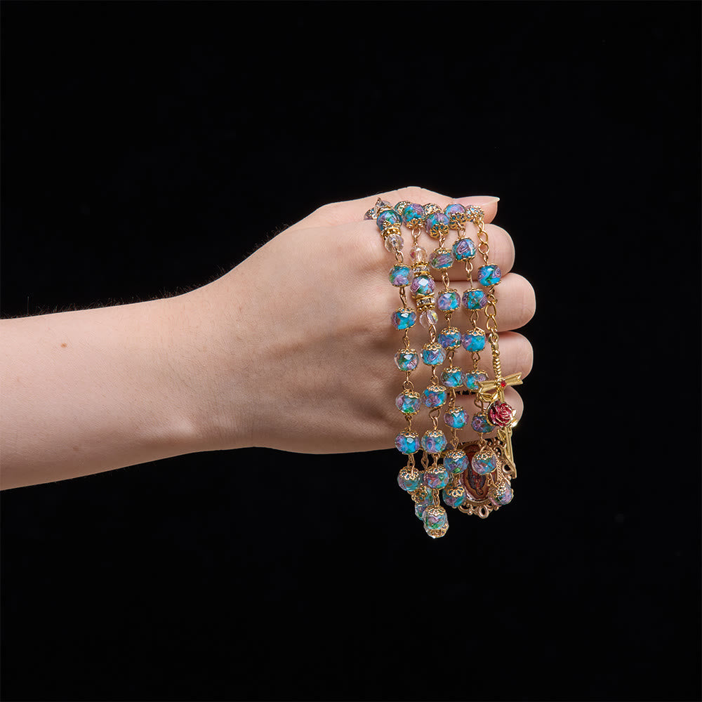 Blue Floral Glass Rosary With Rose Gilded Crucifix & Our Lady of Guadalupe Medallion