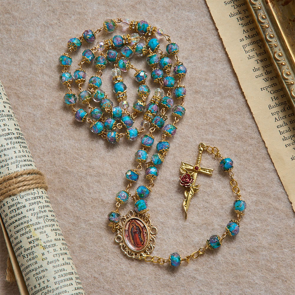 Blue Floral Glass Rosary With Rose Gilded Crucifix & Our Lady of Guadalupe Medallion