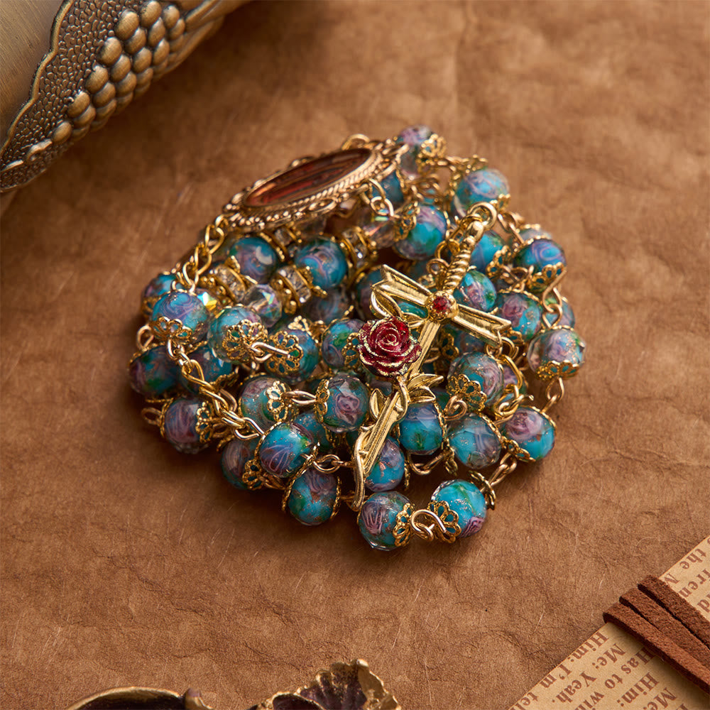 Blue Floral Glass Rosary With Rose Gilded Crucifix & Our Lady of Guadalupe Medallion