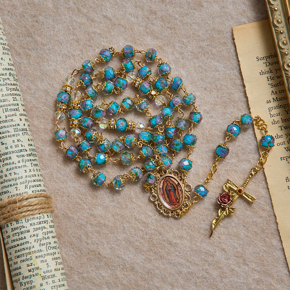 Blue Floral Glass Rosary With Rose Gilded Crucifix & Our Lady of Guadalupe Medallion