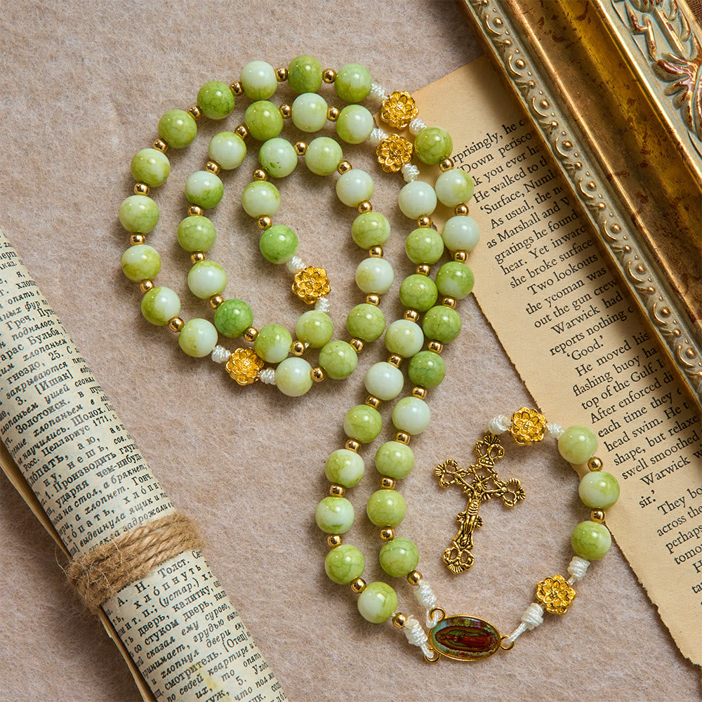 Fresh Lotus Spacer Jade-Toned Rosary With Ornate Carved Crucifix: Emblem of Pure Heavenly Serenity