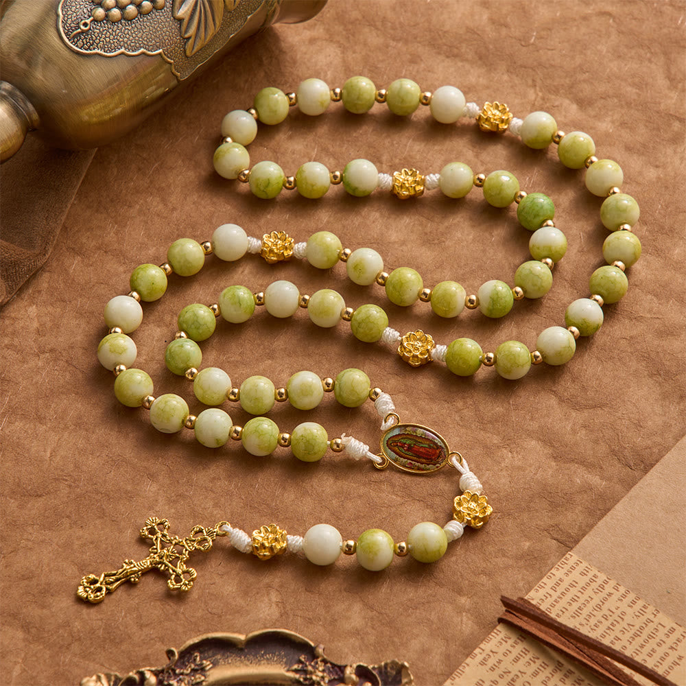 Fresh Lotus Spacer Jade-Toned Rosary With Ornate Carved Crucifix: Emblem of Pure Heavenly Serenity