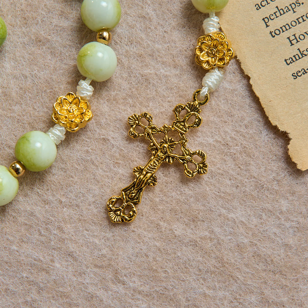 Fresh Lotus Spacer Jade-Toned Rosary With Ornate Carved Crucifix: Emblem of Pure Heavenly Serenity