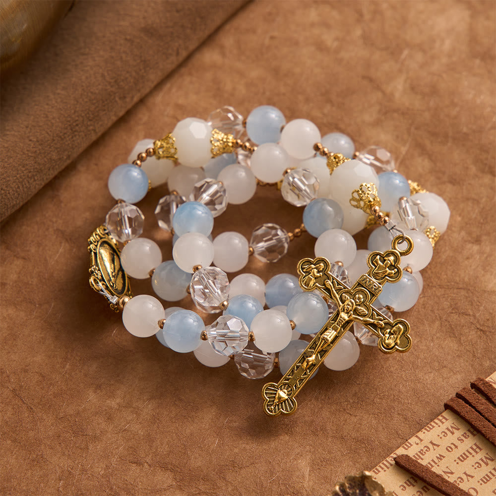 Cool Summer Glass Rosary With Faceted Glass & Our Lady of Aparecida Medallion