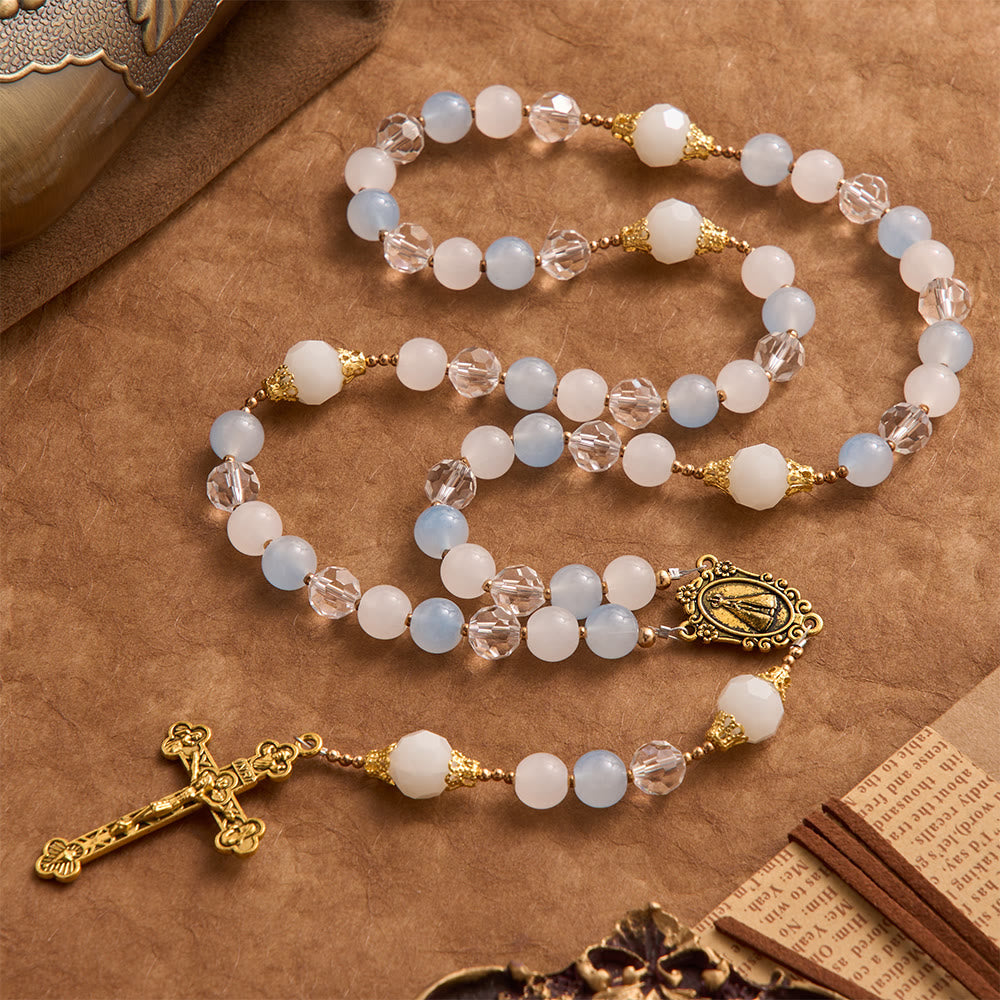 Cool Summer Glass Rosary With Faceted Glass & Our Lady of Aparecida Medallion