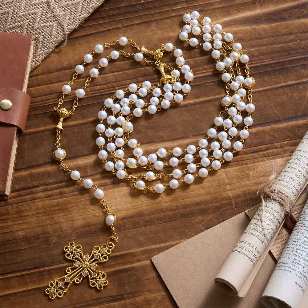 Wedding Couple Lasso Rosary Rhinestone Accented Filigree Cross Prayer Rosary: Timeless Emblem of Gentle Heavenly Guardianship