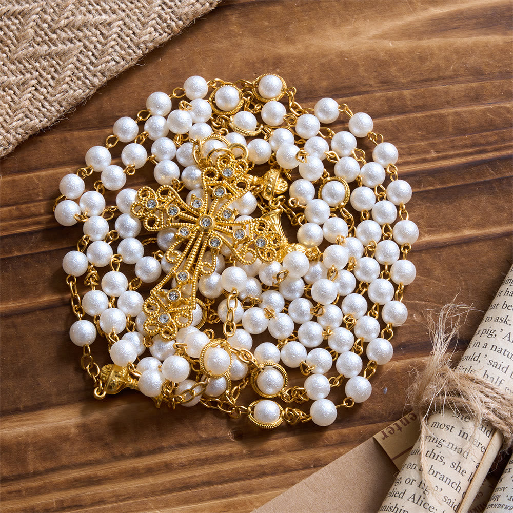 Wedding Couple Lasso Rosary Rhinestone Accented Filigree Cross Prayer Rosary: Timeless Emblem of Gentle Heavenly Guardianship