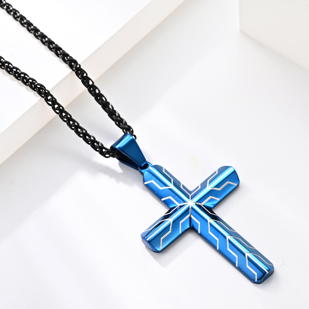 Gloss Golden & Blue Lightning Pattern Engraved Cross Pendant Necklace: Timeless Emblem of Gentle Heavenly Guardianship
