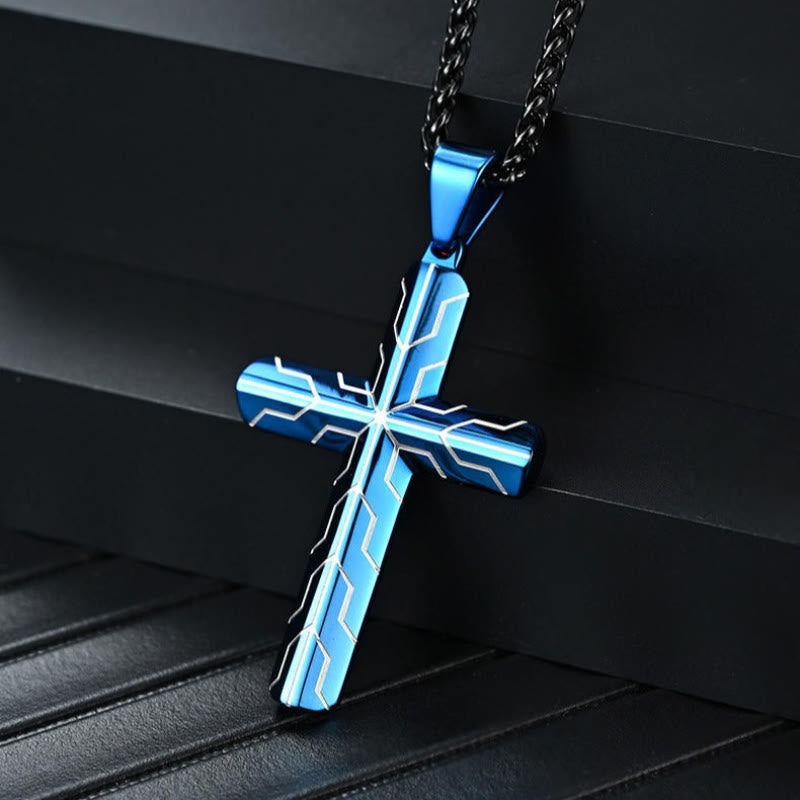 Gloss Golden & Blue Lightning Pattern Engraved Cross Pendant Necklace: Timeless Emblem of Gentle Heavenly Guardianship