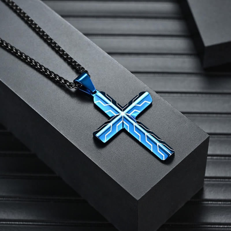 Gloss Golden & Blue Lightning Pattern Engraved Cross Pendant Necklace: Timeless Emblem of Gentle Heavenly Guardianship