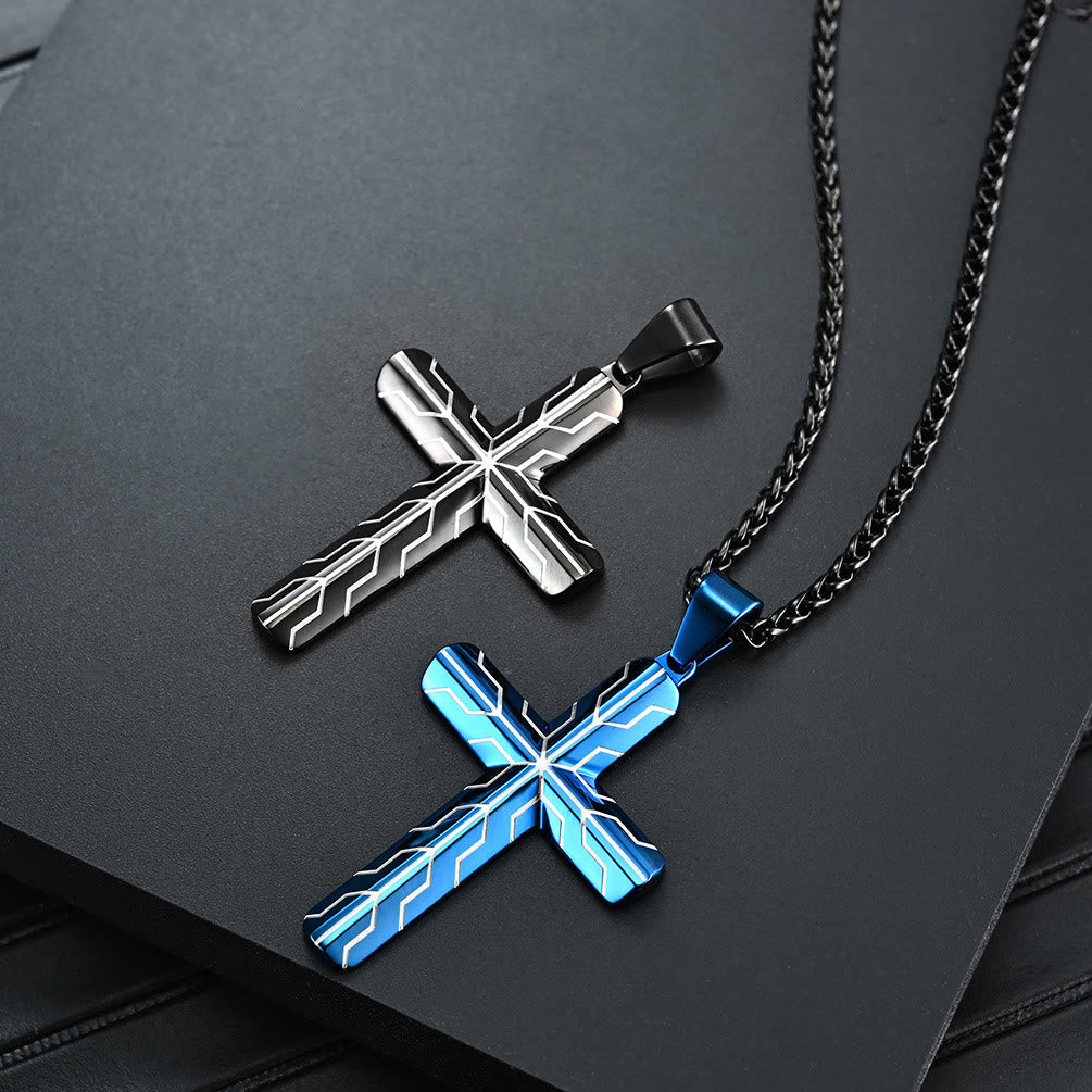 Gloss Golden & Blue Lightning Pattern Engraved Cross Pendant Necklace: Timeless Emblem of Gentle Heavenly Guardianship
