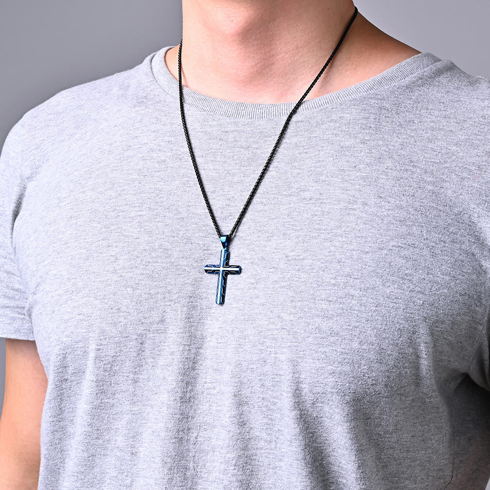 Gloss Golden & Blue Lightning Pattern Engraved Cross Pendant Necklace: Timeless Emblem of Gentle Heavenly Guardianship