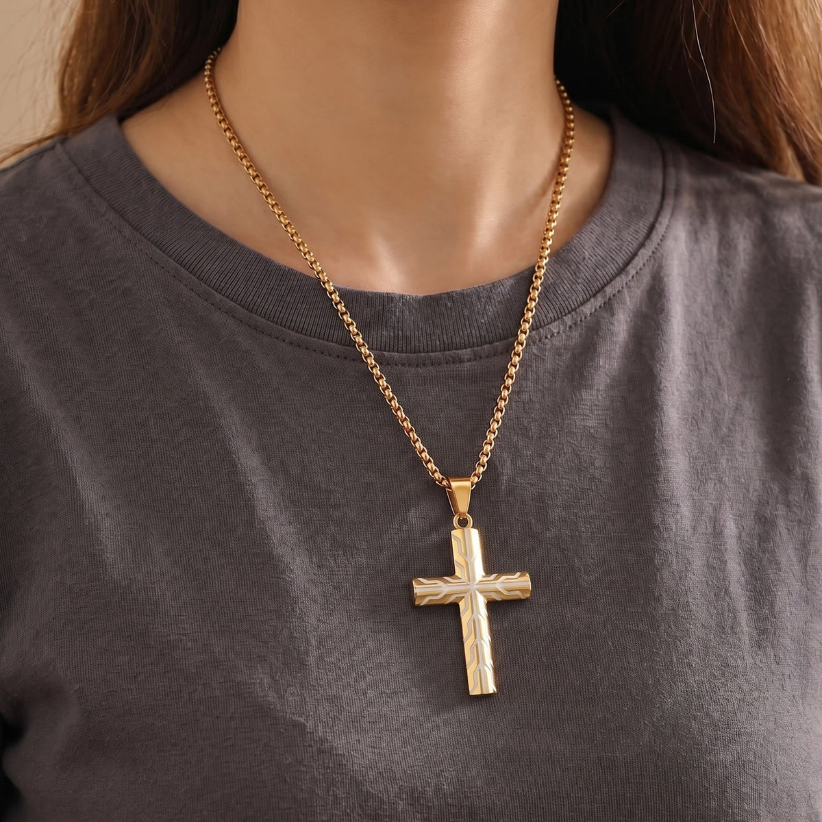 Gloss Golden & Blue Lightning Pattern Engraved Cross Pendant Necklace: Timeless Emblem of Gentle Heavenly Guardianship