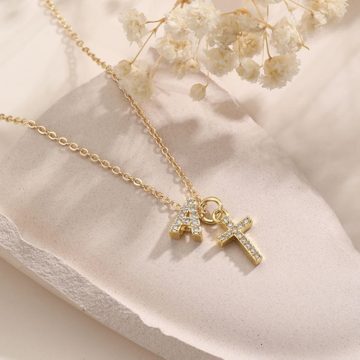 Custom Initial Letter A-Z Rhinestone Accent Cross Dual Charm Pendant Necklace: Timeless Emblem of Gentle Heavenly Guardianship