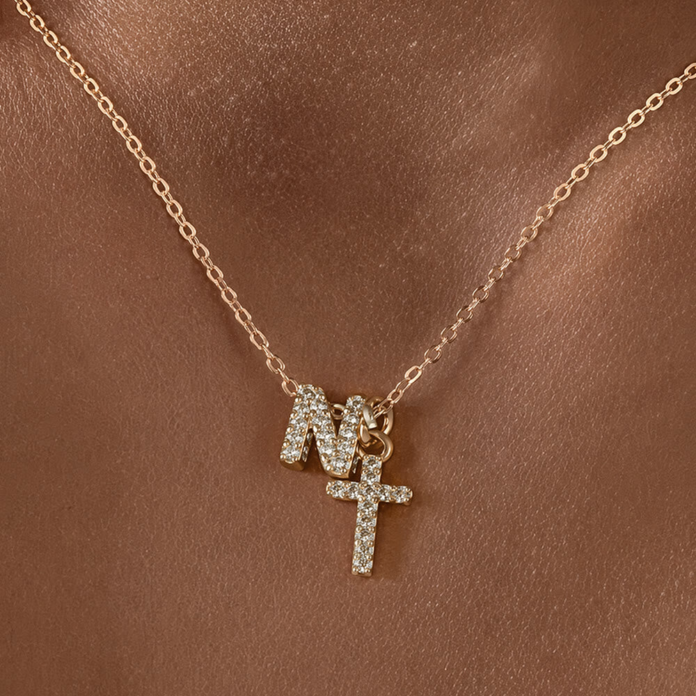 Custom Initial Letter A-Z Rhinestone Accent Cross Dual Charm Pendant Necklace: Timeless Emblem of Gentle Heavenly Guardianship