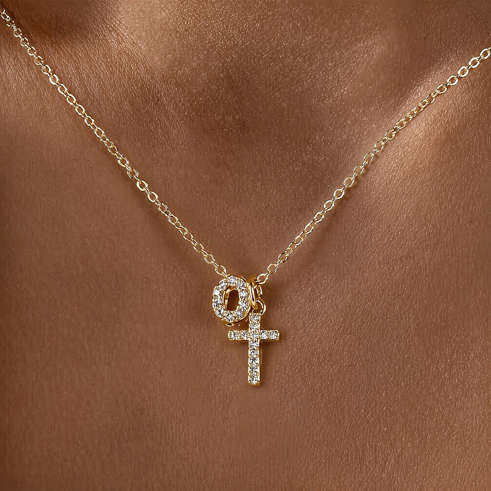 Custom Initial Letter A-Z Rhinestone Accent Cross Dual Charm Pendant Necklace: Timeless Emblem of Gentle Heavenly Guardianship