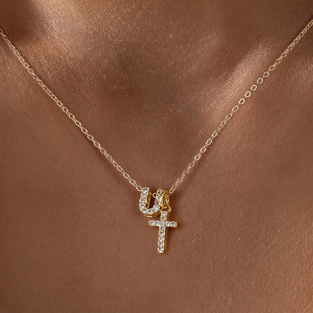 Custom Initial Letter A-Z Rhinestone Accent Cross Dual Charm Pendant Necklace: Timeless Emblem of Gentle Heavenly Guardianship