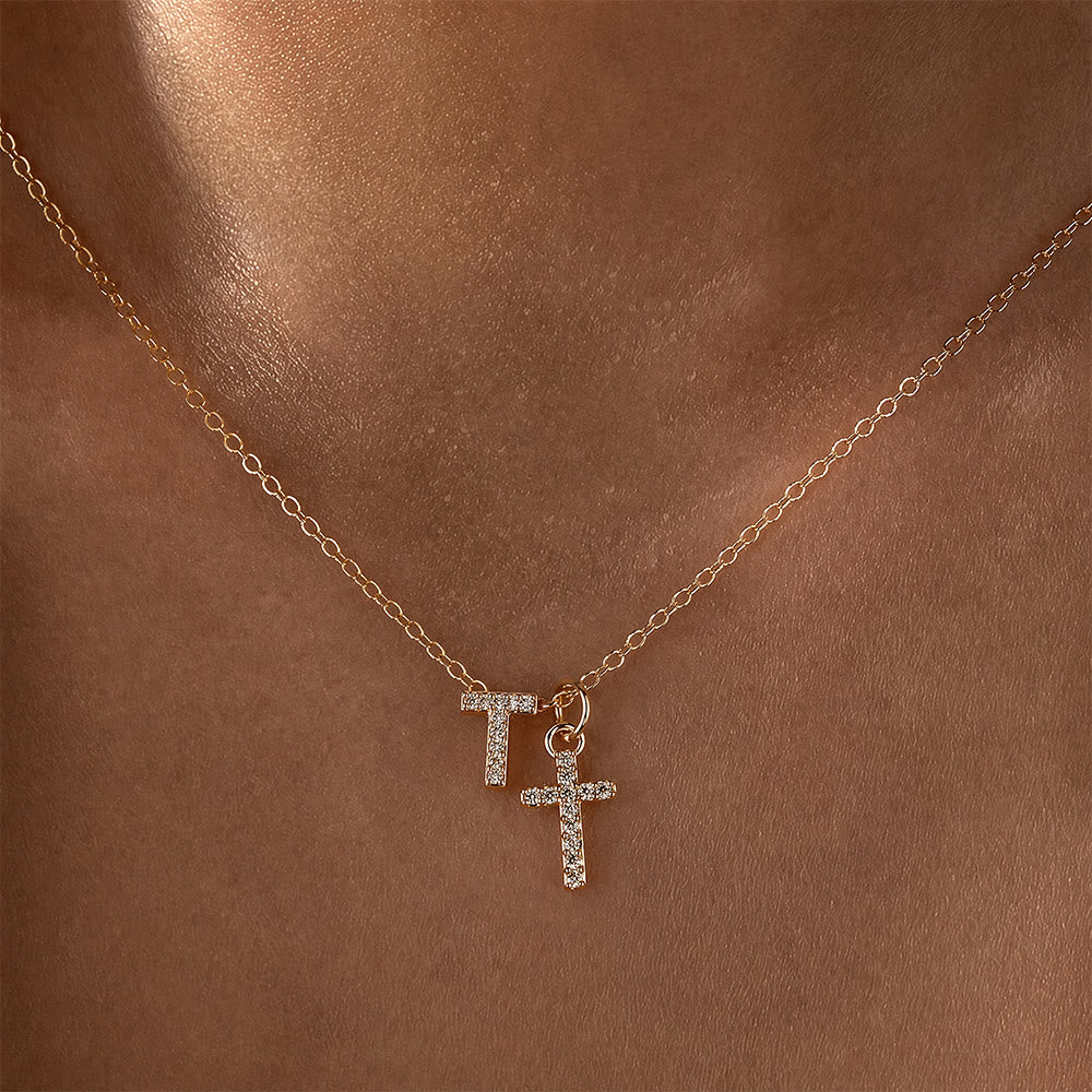 Custom Initial Letter A-Z Rhinestone Accent Cross Dual Charm Pendant Necklace: Timeless Emblem of Gentle Heavenly Guardianship