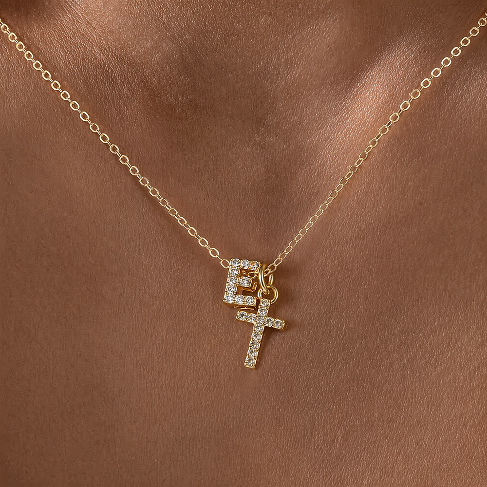 Custom Initial Letter A-Z Rhinestone Accent Cross Dual Charm Pendant Necklace: Timeless Emblem of Gentle Heavenly Guardianship