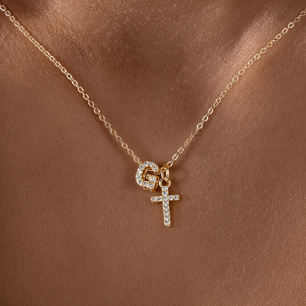 Custom Initial Letter A-Z Rhinestone Accent Cross Dual Charm Pendant Necklace: Timeless Emblem of Gentle Heavenly Guardianship