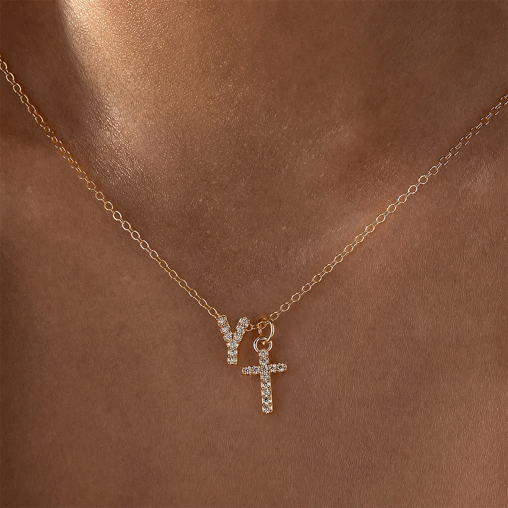 Custom Initial Letter A-Z Rhinestone Accent Cross Dual Charm Pendant Necklace: Timeless Emblem of Gentle Heavenly Guardianship