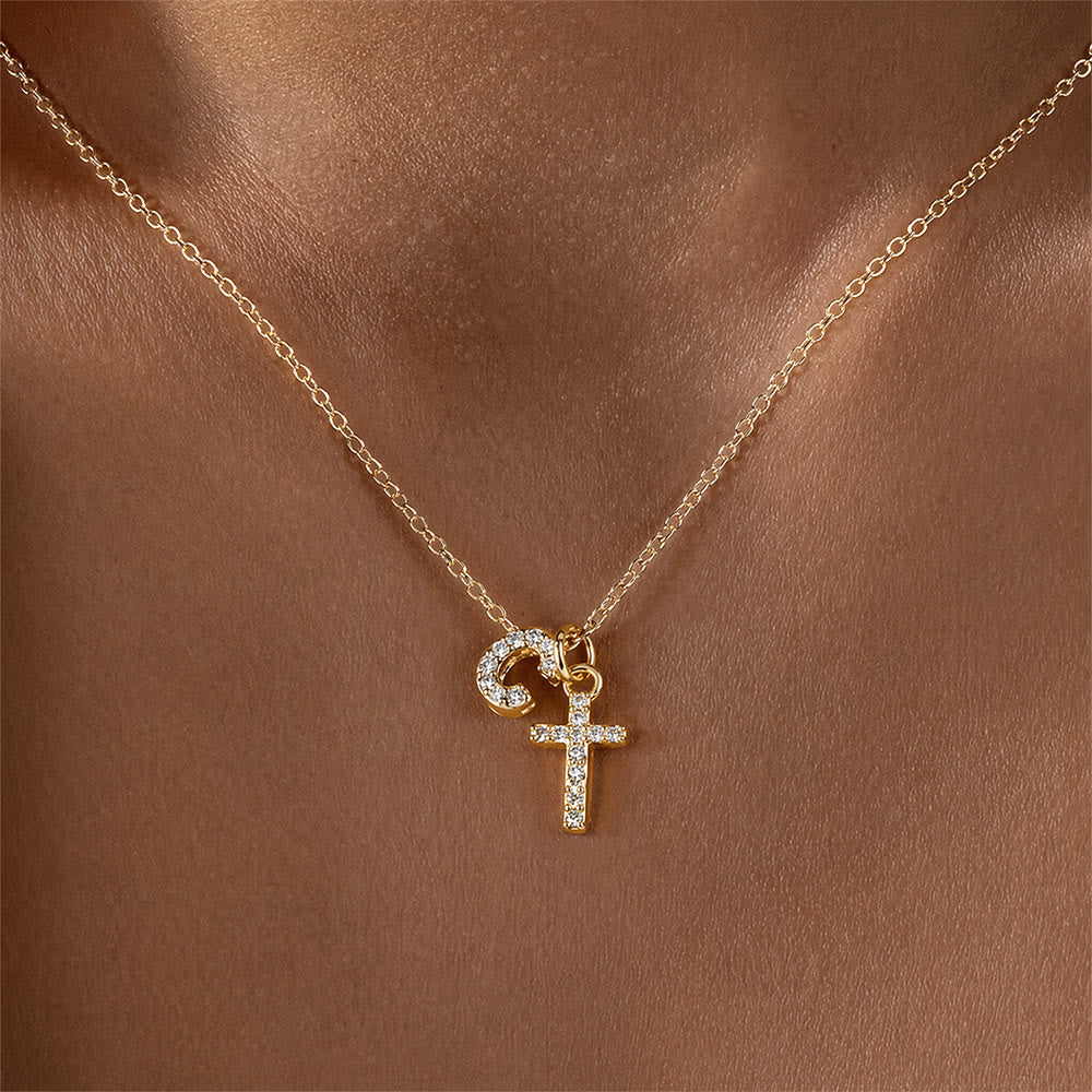 Custom Initial Letter A-Z Rhinestone Accent Cross Dual Charm Pendant Necklace: Timeless Emblem of Gentle Heavenly Guardianship