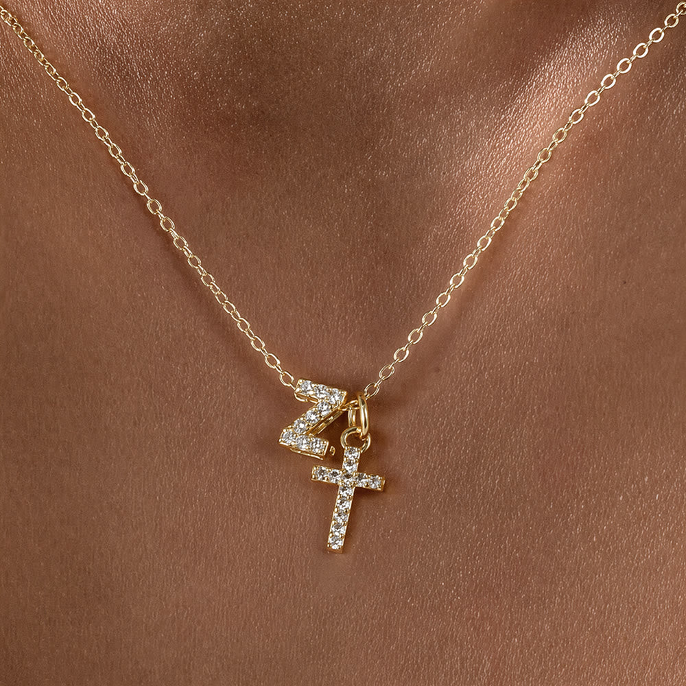 Custom Initial Letter A-Z Rhinestone Accent Cross Dual Charm Pendant Necklace: Timeless Emblem of Gentle Heavenly Guardianship