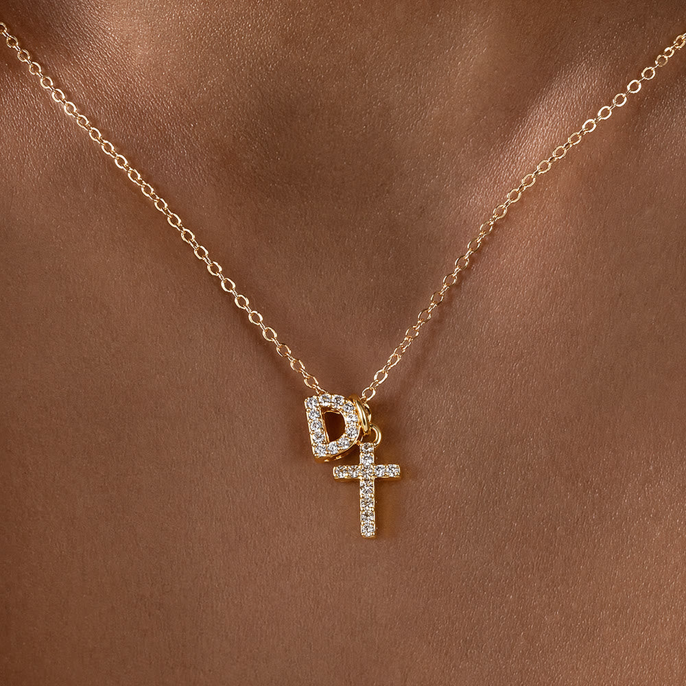 Custom Initial Letter A-Z Rhinestone Accent Cross Dual Charm Pendant Necklace: Timeless Emblem of Gentle Heavenly Guardianship