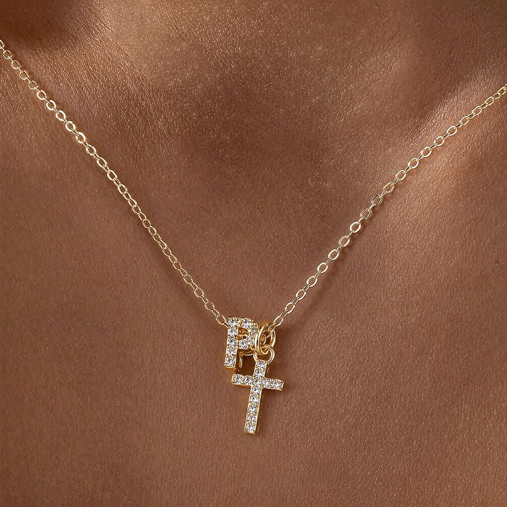 Custom Initial Letter A-Z Rhinestone Accent Cross Dual Charm Pendant Necklace: Timeless Emblem of Gentle Heavenly Guardianship