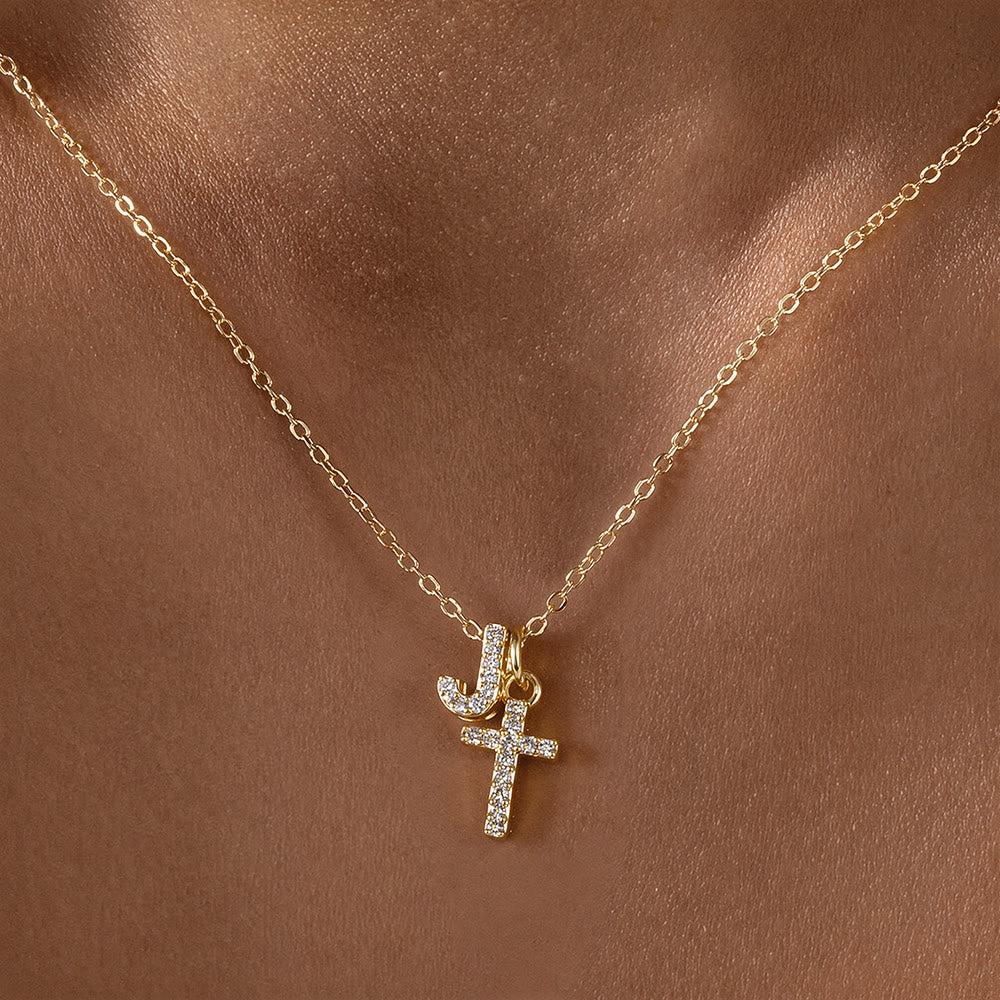 Custom Initial Letter A-Z Rhinestone Accent Cross Dual Charm Pendant Necklace: Timeless Emblem of Gentle Heavenly Guardianship