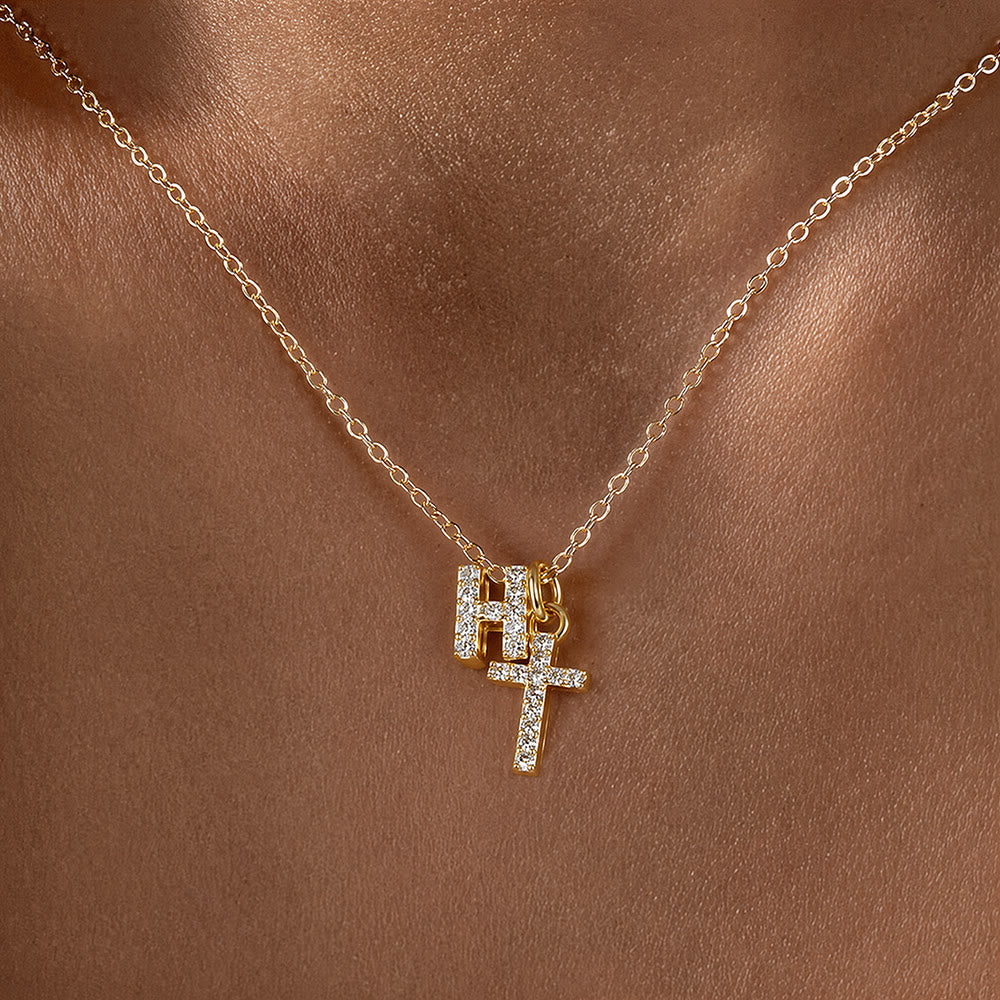 Custom Initial Letter A-Z Rhinestone Accent Cross Dual Charm Pendant Necklace: Timeless Emblem of Gentle Heavenly Guardianship