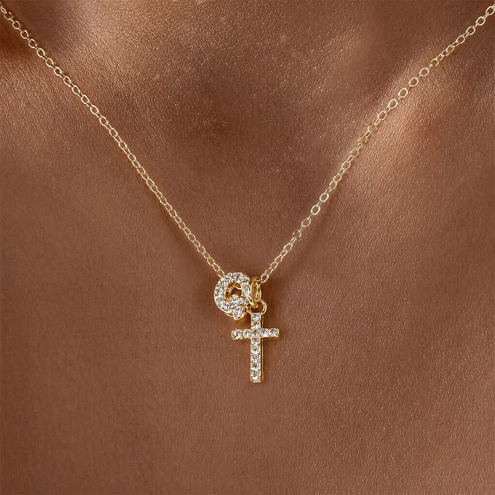 Custom Initial Letter A-Z Rhinestone Accent Cross Dual Charm Pendant Necklace: Timeless Emblem of Gentle Heavenly Guardianship