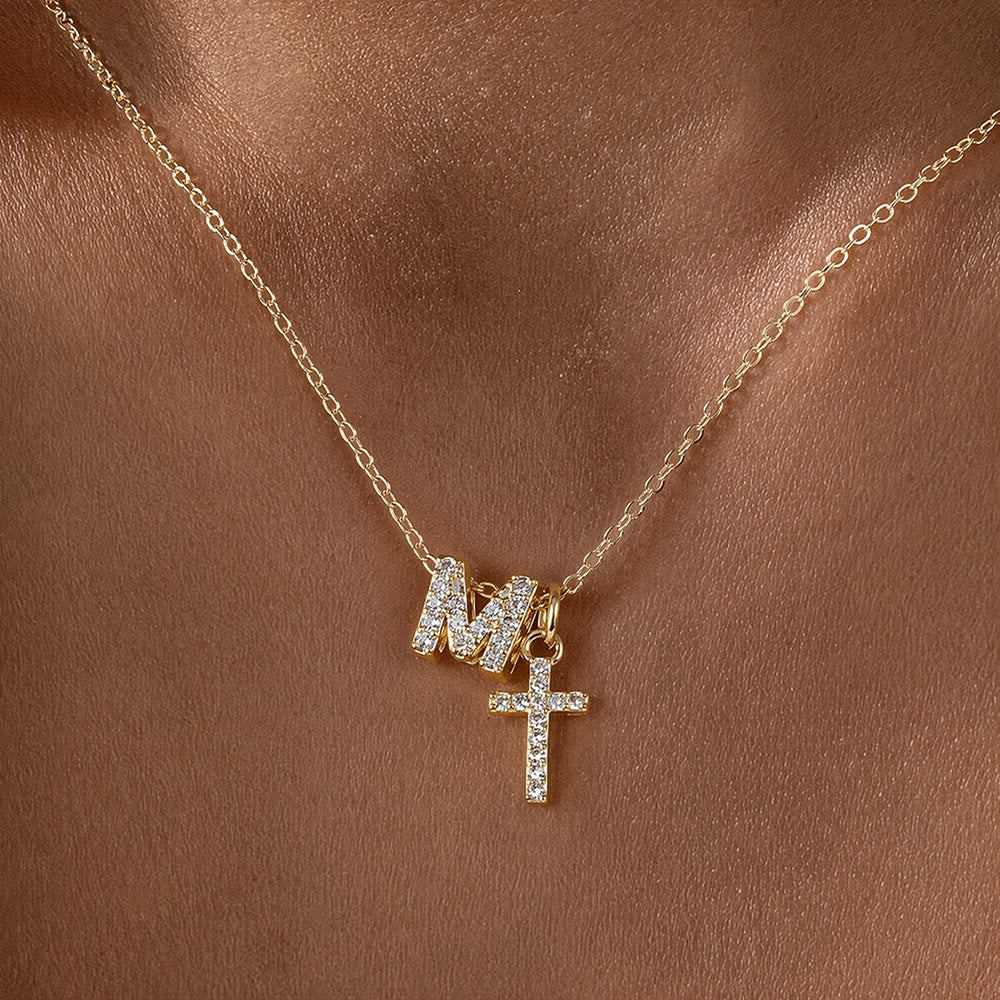 Custom Initial Letter A-Z Rhinestone Accent Cross Dual Charm Pendant Necklace: Timeless Emblem of Gentle Heavenly Guardianship