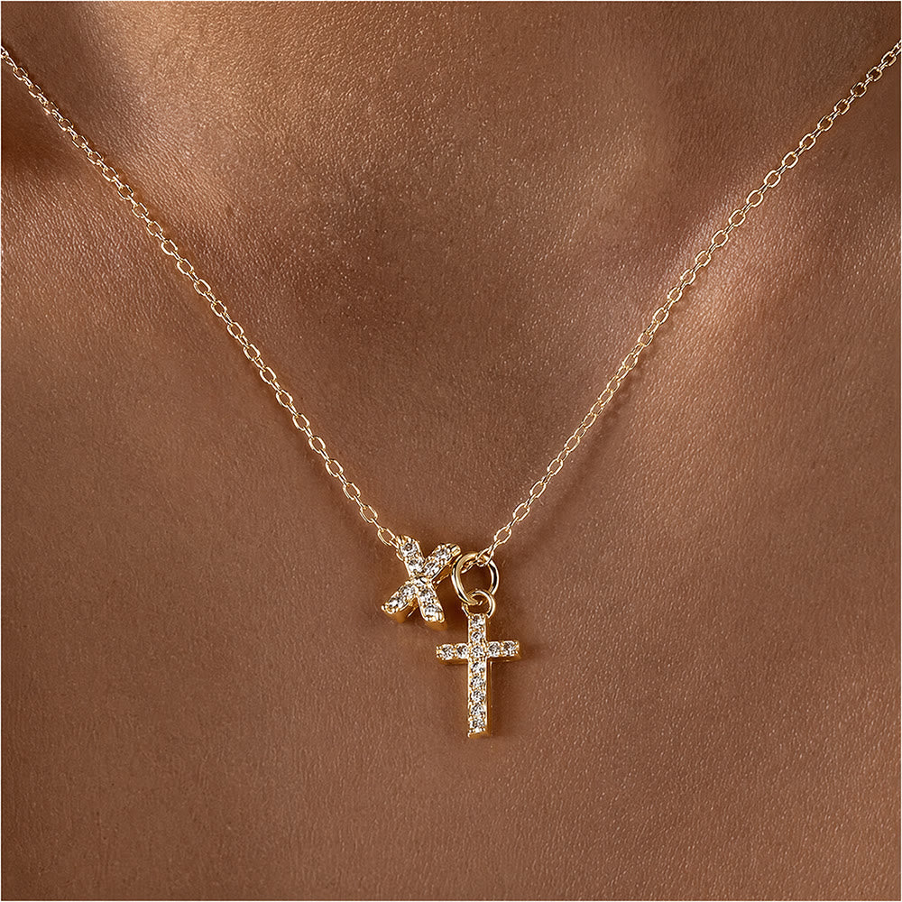 Custom Initial Letter A-Z Rhinestone Accent Cross Dual Charm Pendant Necklace: Timeless Emblem of Gentle Heavenly Guardianship