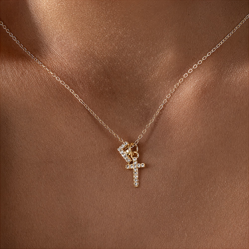 Custom Initial Letter A-Z Rhinestone Accent Cross Dual Charm Pendant Necklace: Timeless Emblem of Gentle Heavenly Guardianship