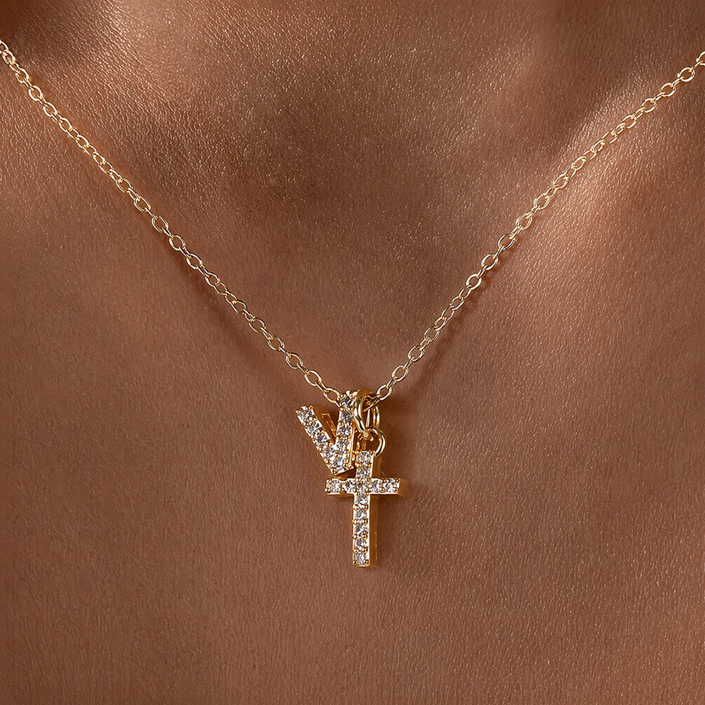 Custom Initial Letter A-Z Rhinestone Accent Cross Dual Charm Pendant Necklace: Timeless Emblem of Gentle Heavenly Guardianship