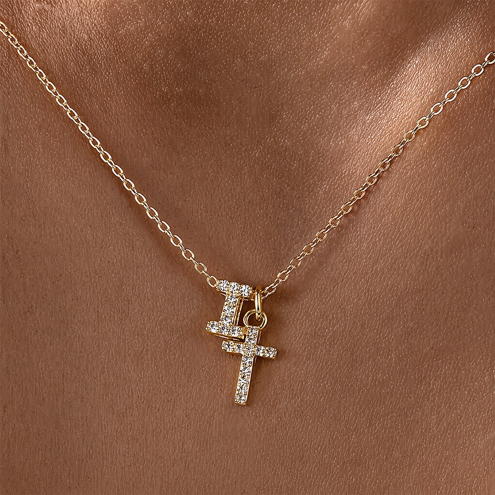 Custom Initial Letter A-Z Rhinestone Accent Cross Dual Charm Pendant Necklace: Timeless Emblem of Gentle Heavenly Guardianship