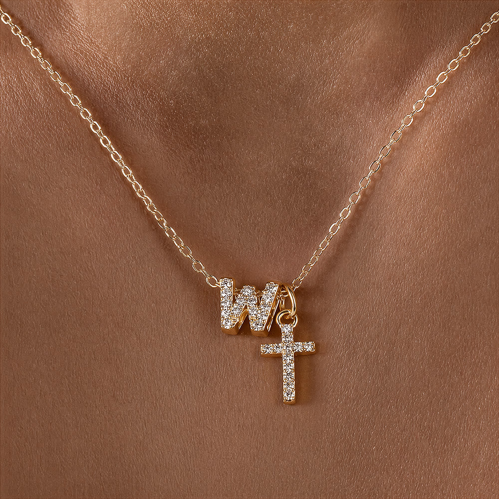 Custom Initial Letter A-Z Rhinestone Accent Cross Dual Charm Pendant Necklace: Timeless Emblem of Gentle Heavenly Guardianship