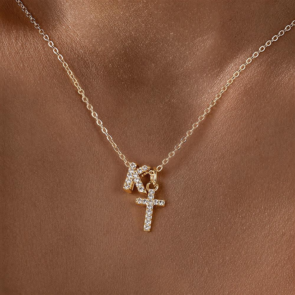 Custom Initial Letter A-Z Rhinestone Accent Cross Dual Charm Pendant Necklace: Timeless Emblem of Gentle Heavenly Guardianship