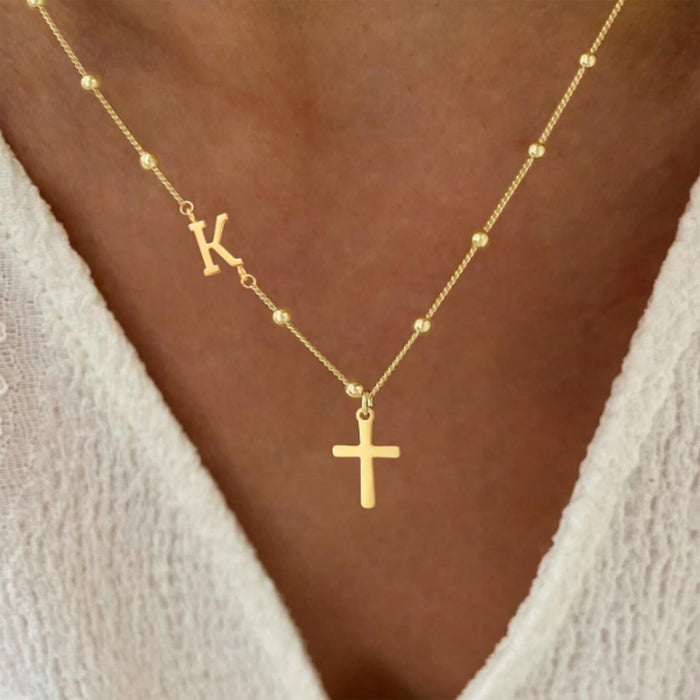 Beaded Chain Custom A-Z Initial Letter Side Charm Cross Pendant Necklace: Timeless Emblem of Gentle Heavenly Guardianship