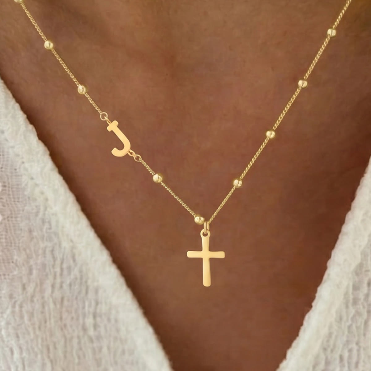 Beaded Chain Custom A-Z Initial Letter Side Charm Cross Pendant Necklace: Timeless Emblem of Gentle Heavenly Guardianship