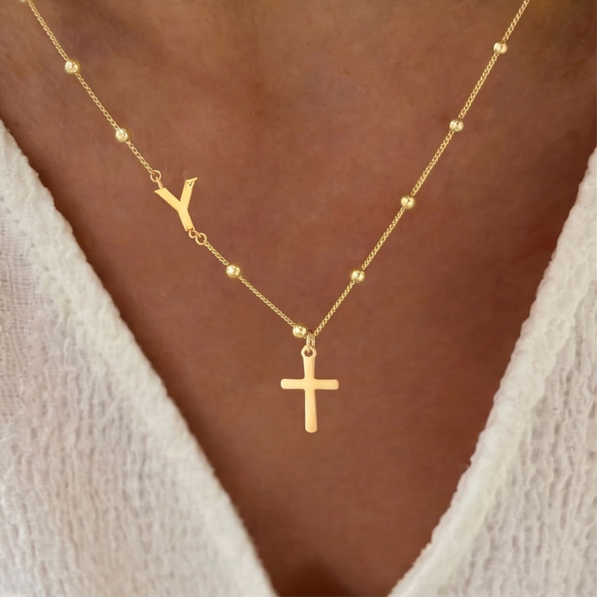 Beaded Chain Custom A-Z Initial Letter Side Charm Cross Pendant Necklace: Timeless Emblem of Gentle Heavenly Guardianship