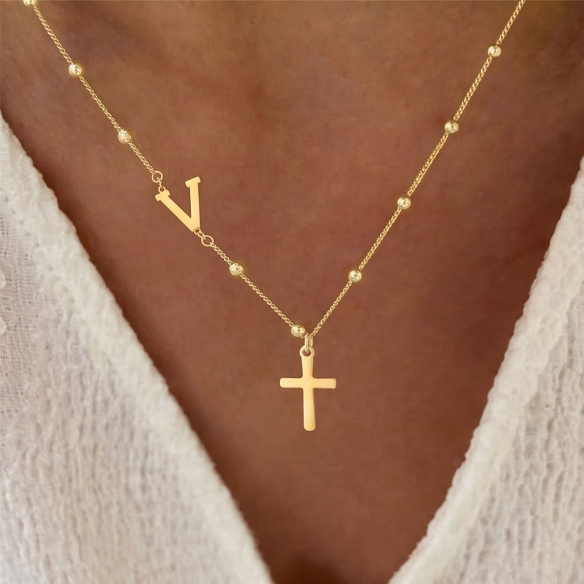 Beaded Chain Custom A-Z Initial Letter Side Charm Cross Pendant Necklace: Timeless Emblem of Gentle Heavenly Guardianship