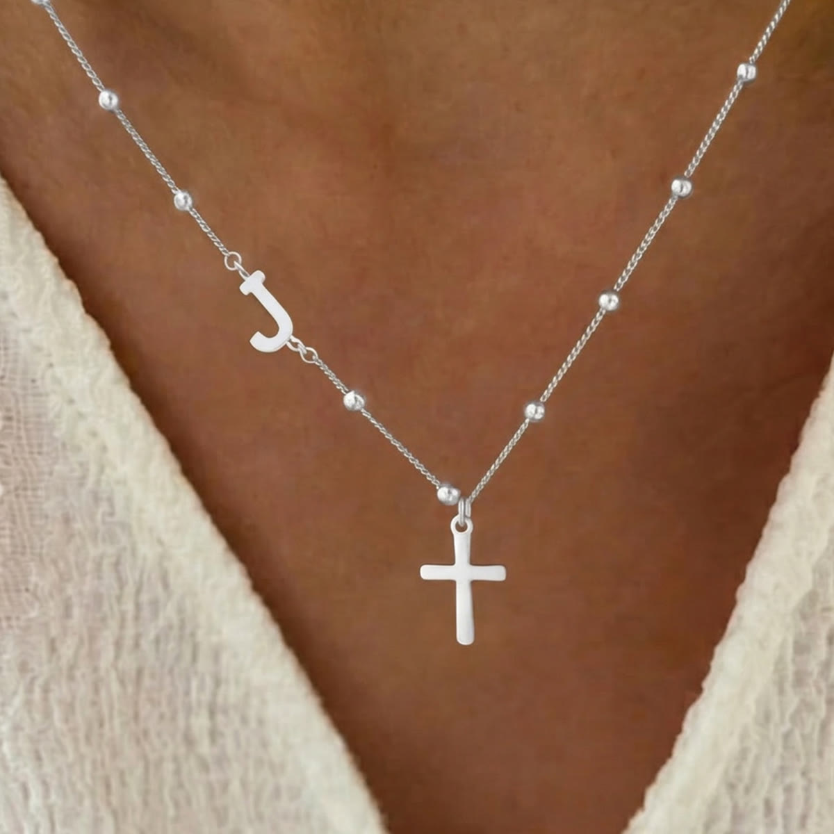 Beaded Chain Custom A-Z Initial Letter Side Charm Cross Pendant Necklace: Timeless Emblem of Gentle Heavenly Guardianship