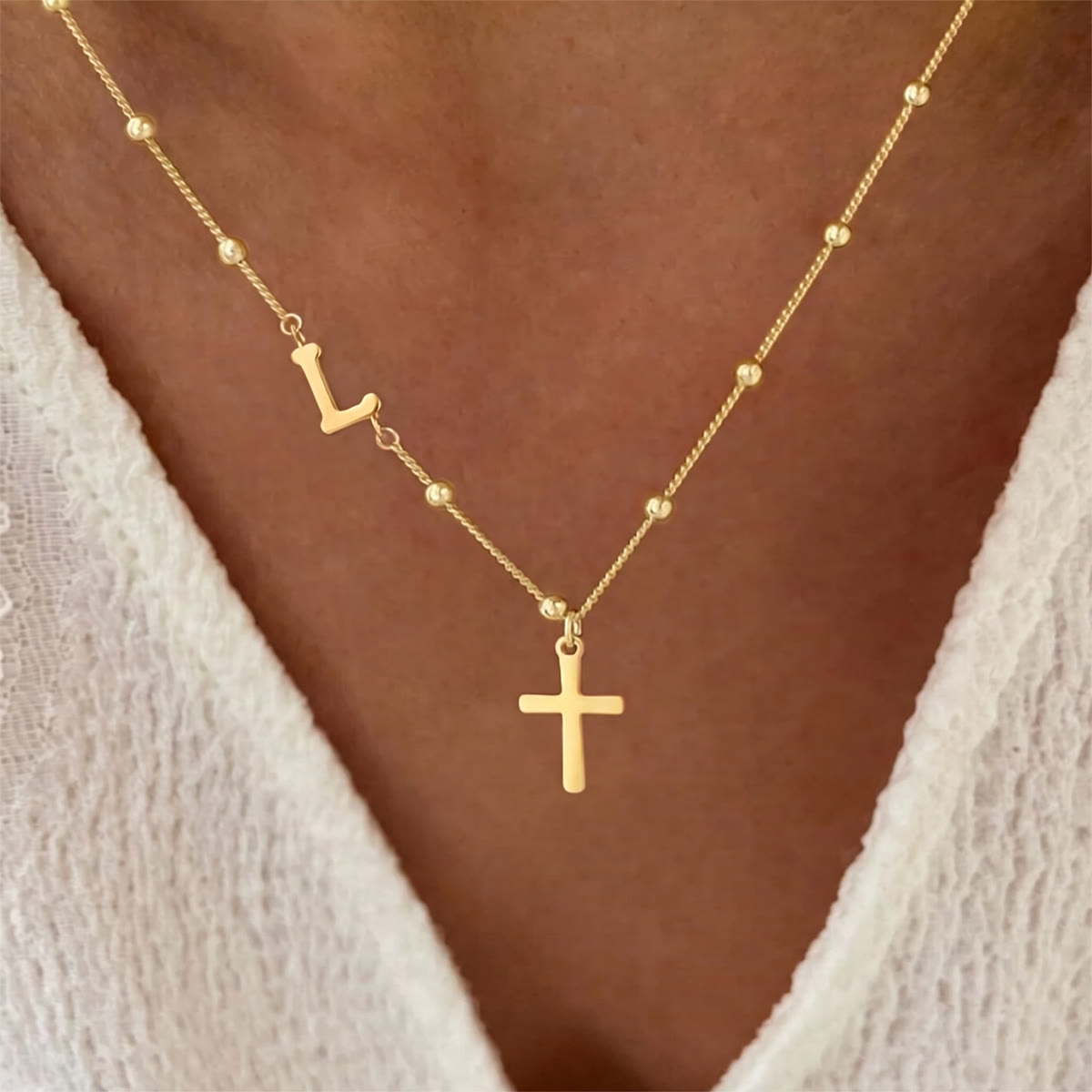 Beaded Chain Custom A-Z Initial Letter Side Charm Cross Pendant Necklace: Timeless Emblem of Gentle Heavenly Guardianship